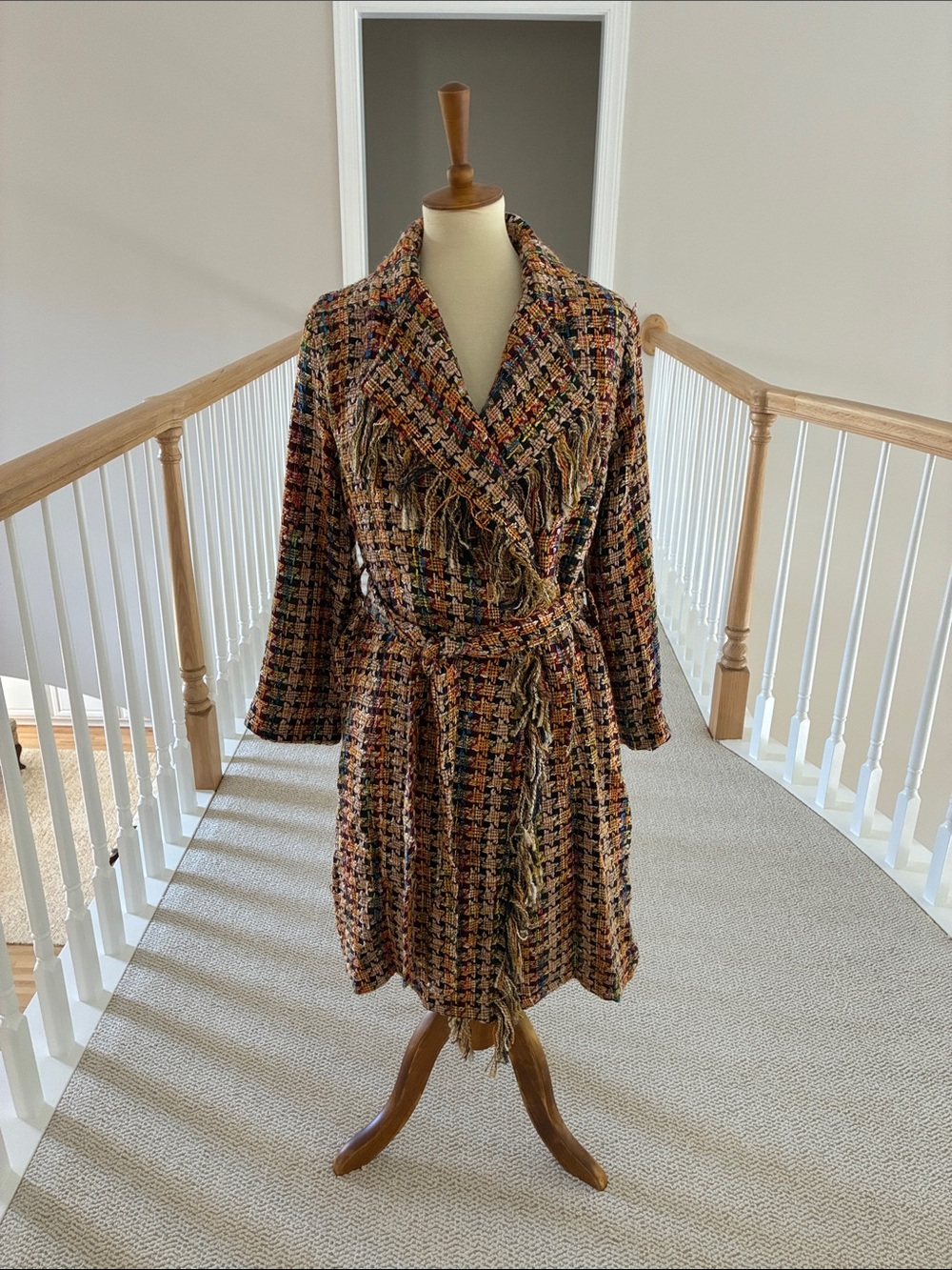 Fringed Multicolor Woven Wrap Robe Coat